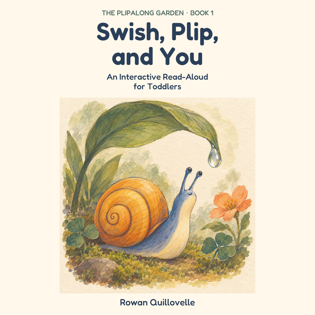 Cover of Swish, Plip, and You: An Interactive Read-Aloud for Toddlers. The Plipalong Garden Book 1, by Rowan Quillovelle. Blue Snail rests beneath a green leaf.