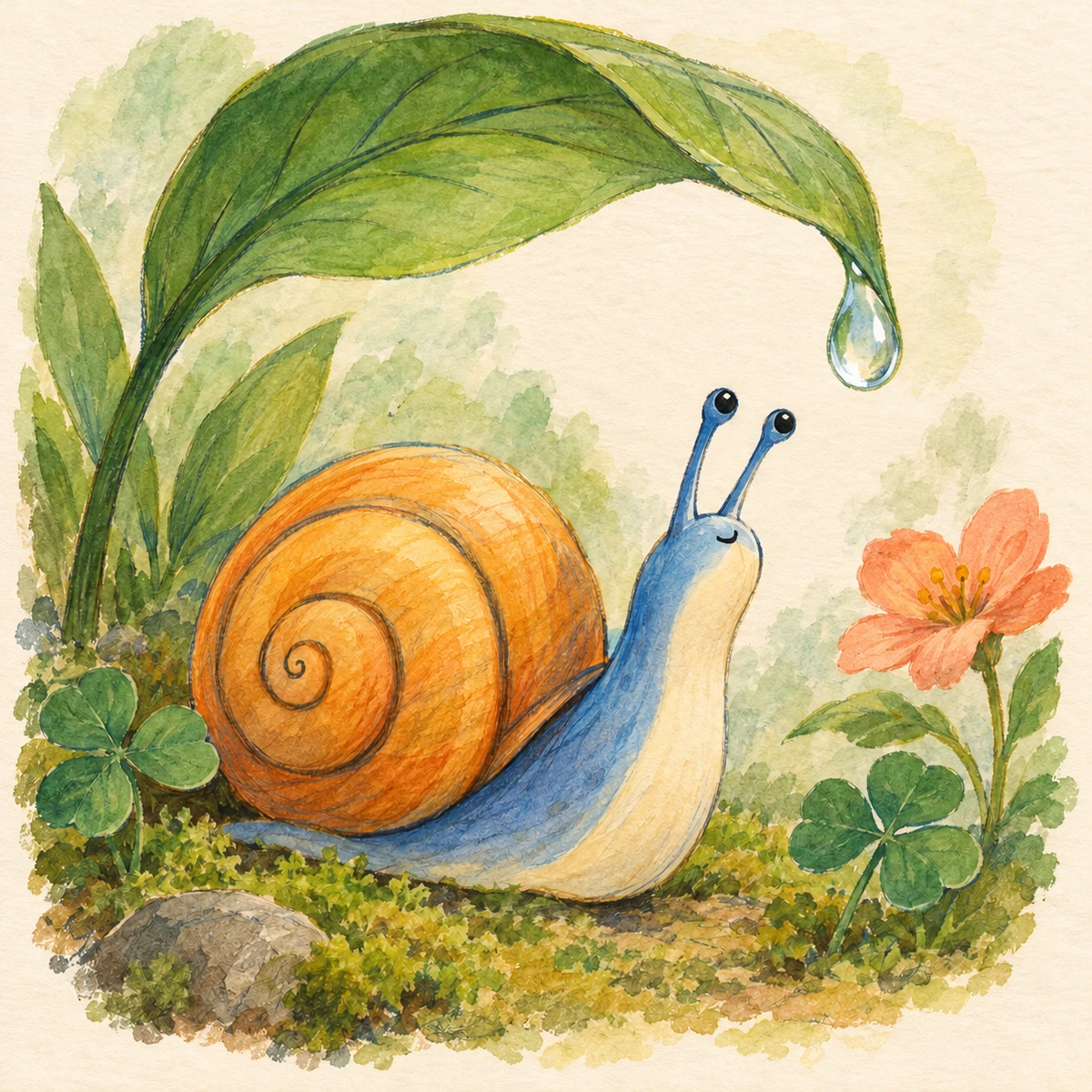 Blue Snail with an orange spiral shell beneath a green leaf.