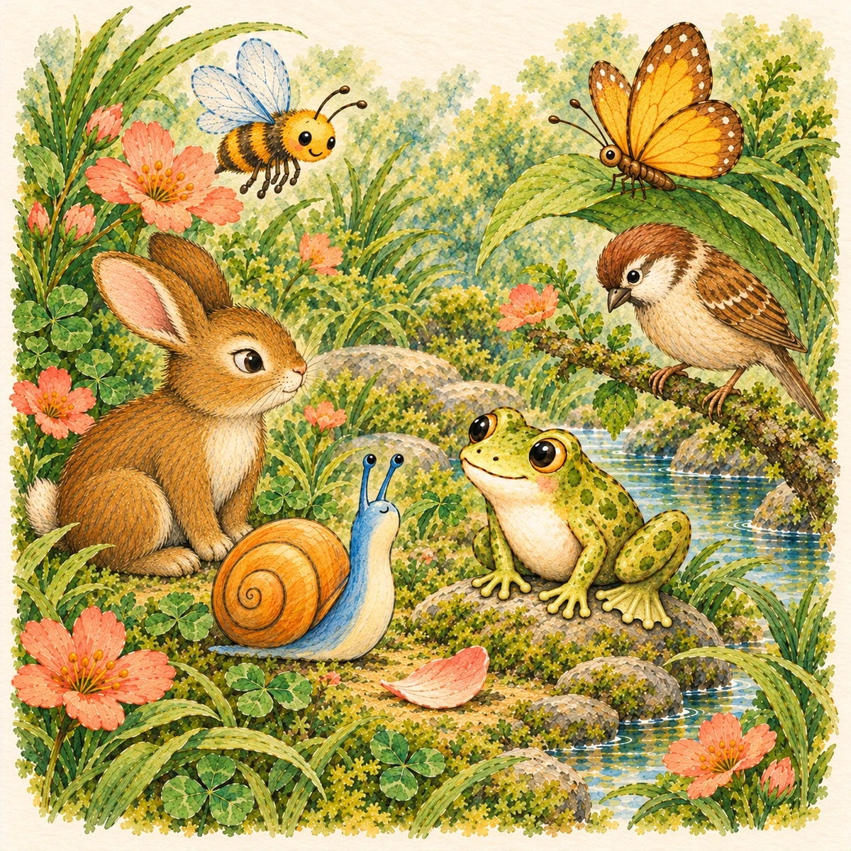 Snail, Frog, Bee, Sparrow, Rabbit and Butterfly gathered around a peach petal in their leafy garden.